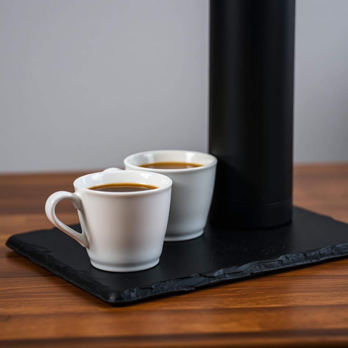 Siyah arduvaz tepside mat siyah termos ve iki porselen espresso fincanı