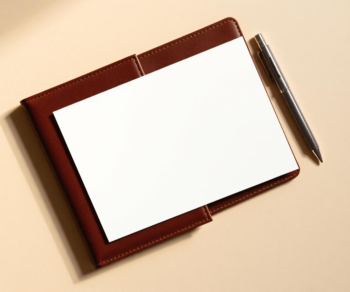 Deri defter üzerinde boş logo baskı alanı ve metal kalem ile hazırlanan kurumsal baskı önizlemesi